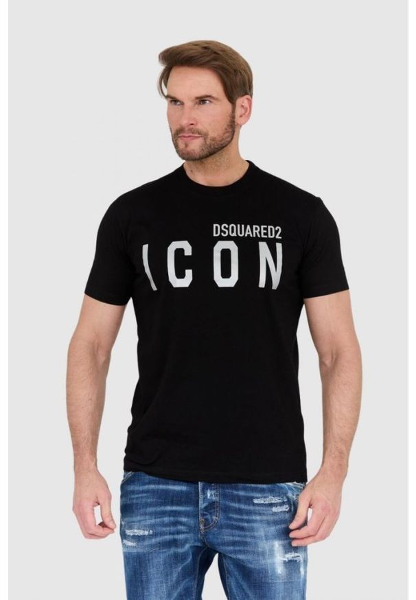 DSQUARED2 Czarny t-shirt męski ze srebrnym błyszczącym logo icon, Rozmiar L. Kolor: czarny