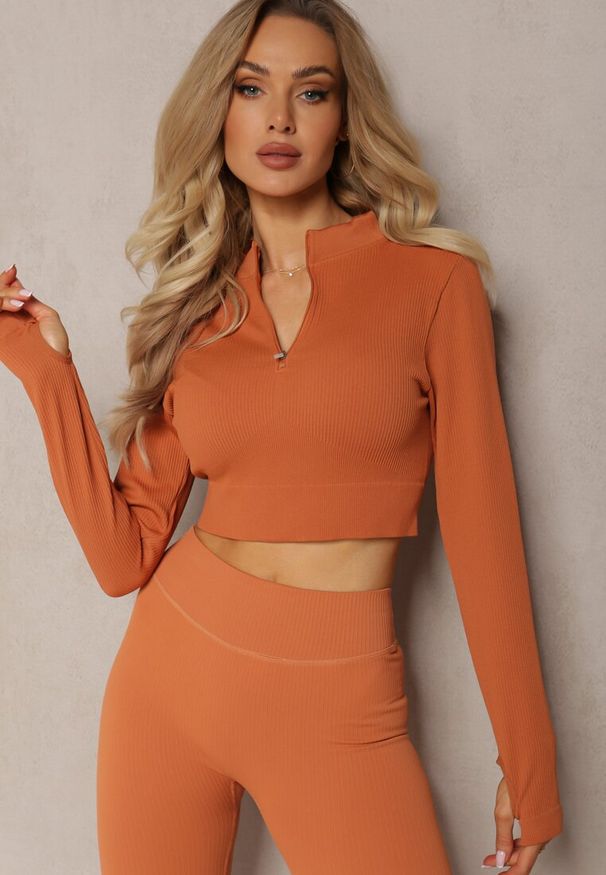 Renee - Pomarańczowa Elastyczna Bluzka na Suwak z Wycięciem przy Ściągaczu Denalla. Okazja: na co dzień. Kolor: pomarańczowy. Styl: casual