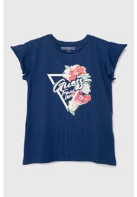 Guess t-shirt dziecięcy kolor granatowy. Kolor: niebieski. Materiał: bawełna, dzianina. Wzór: nadruk. Styl: klasyczny