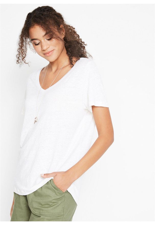 bonprix - T-shirt z czystego lnu. Typ kołnierza: dekolt w serek. Kolor: biały. Materiał: len. Sezon: lato. Styl: elegancki