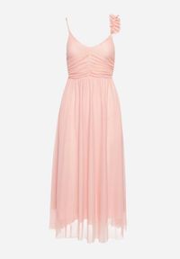 Born2be - Różowa Sukienka na Ramiączkach z Gumką w Talii i Falbanką Watalia. Okazja: na imprezę. Kolor: różowy. Materiał: materiał. Długość rękawa: na ramiączkach. Sezon: lato #2