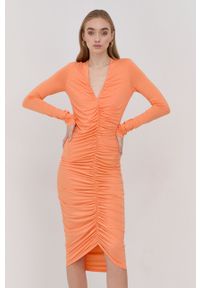 Patrizia Pepe Sukienka kolor pomarańczowy midi dopasowana. Kolor: pomarańczowy. Materiał: dzianina, wiskoza. Długość rękawa: długi rękaw. Wzór: gładki. Typ sukienki: dopasowane. Długość: midi #1