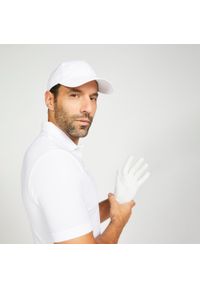 INESIS - Koszulka polo do golfa z krótkim rękawem męska Inesis WW500. Typ kołnierza: golf, polo. Kolor: biały. Materiał: materiał, poliester. Długość rękawa: krótki rękaw. Długość: krótkie. Wzór: ze splotem. Styl: sportowy