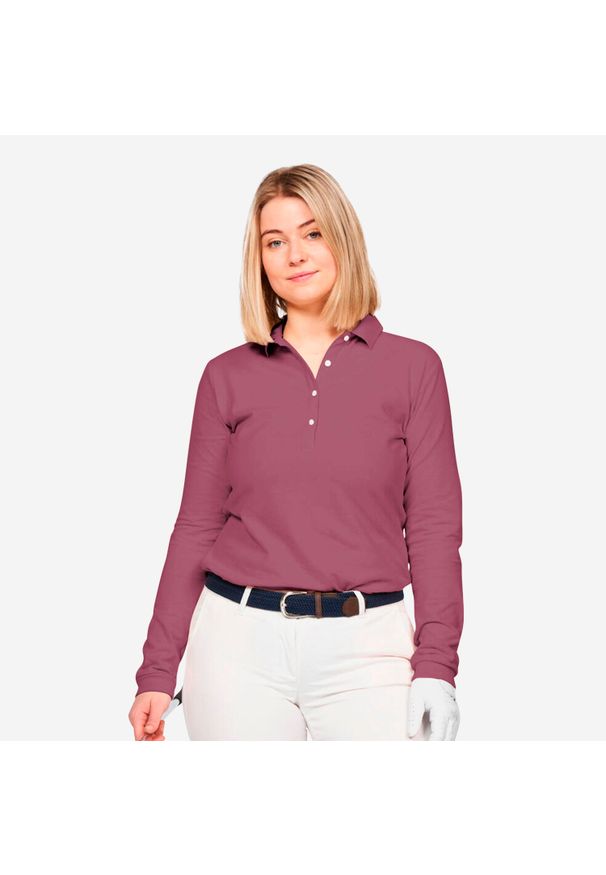 INESIS - Koszulka polo do golfa damska MW500. Typ kołnierza: polo, golf. Kolor: fioletowy. Materiał: bawełna, elastan, materiał. Styl: sportowy