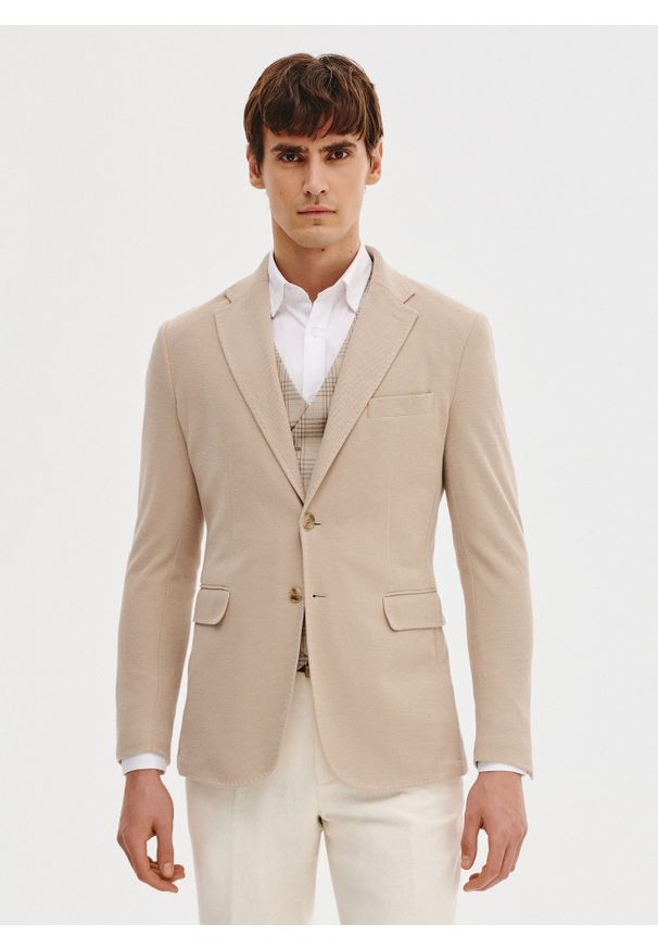 Pako Lorente - PAKO LORENTE – Beżowa marynarka z dzianiny. Kolor: niebieski, beżowy. Materiał: dzianina. Sezon: wiosna