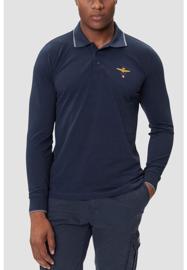 Aeronautica Militare - AERONAUTICA MILITARE Granatowy bawełniany męski longsleeve polo, Rozmiar XXL. Okazja: na co dzień. Typ kołnierza: polo. Kolor: niebieski. Materiał: bawełna. Długość rękawa: długi rękaw. Styl: casual, sportowy