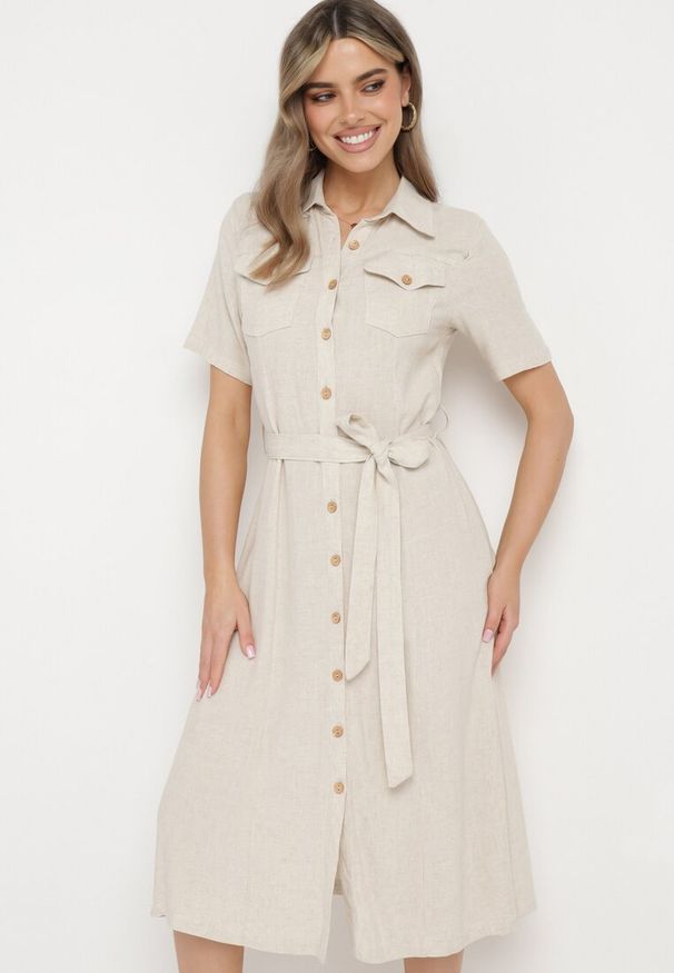 Born2be - Ciemnobeżowa Koszulowa Sukienka z Wiskozy z Lnem Zapinana na Guziki z Materiałowym Paskiem Fidilla. Okazja: na co dzień, na spotkanie biznesowe. Kolor: beżowy. Materiał: len, wiskoza, materiał. Wzór: aplikacja. Typ sukienki: koszulowe. Styl: biznesowy, casual, elegancki