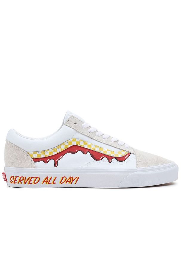 Buty Vans Old Skool VN0A5KRSW001 - białe. Okazja: na co dzień. Zapięcie: pasek. Kolor: biały. Materiał: guma, zamsz. Szerokość cholewki: normalna. Wzór: nadruk, kolorowy. Model: Vans Old Skool