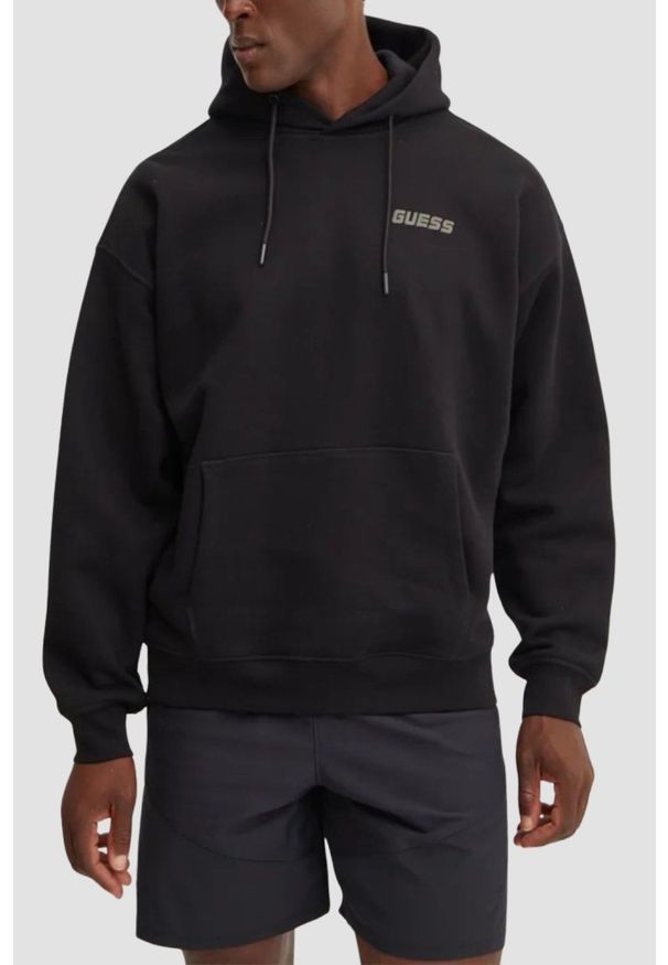 Guess - GUESS Czarna męska bluza z kapturem Emis, Rozmiar M. Okazja: na co dzień. Typ kołnierza: kaptur. Kolor: czarny. Materiał: poliester, bawełna, materiał. Styl: casual, sportowy