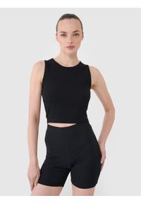 4f - Crop top dzianinowy damski - czarny. Kolor: czarny. Materiał: dzianina. Długość rękawa: na ramiączkach. Wzór: jednolity, prążki