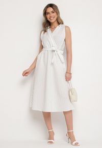 Born2be - Biała Sukienka o Koszulowym Kroju Bez Rękawów z Wiązanym Paskiem Liriora. Okazja: na co dzień. Typ kołnierza: dekolt w kształcie V. Kolor: biały. Długość rękawa: bez rękawów. Typ sukienki: koszulowe. Styl: casual, klasyczny #3