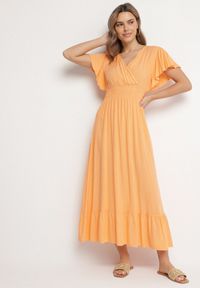 Born2be - Pomarańczowa Wiskozowa Kopertowa Sukienka o Rozkloszowanym Kroju Nellrive. Okazja: na co dzień. Typ kołnierza: dekolt w serek. Kolor: pomarańczowy. Materiał: wiskoza. Długość rękawa: krótki rękaw. Typ sukienki: kopertowe. Styl: casual, elegancki #4
