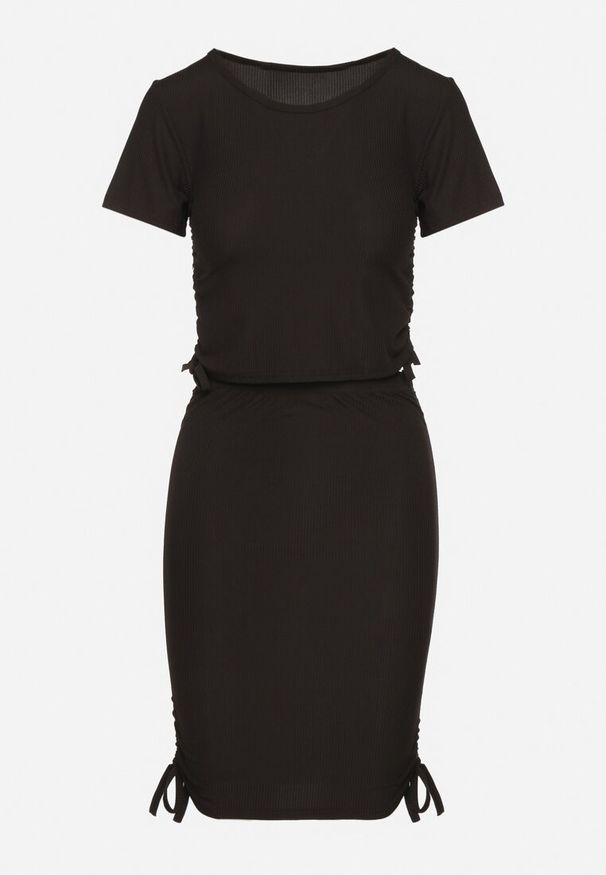 Born2be - Czarny Komplet z Bawełną Bluzka i Spódnica ze Ściągaczami Lunakira. Kolor: czarny. Materiał: bawełna