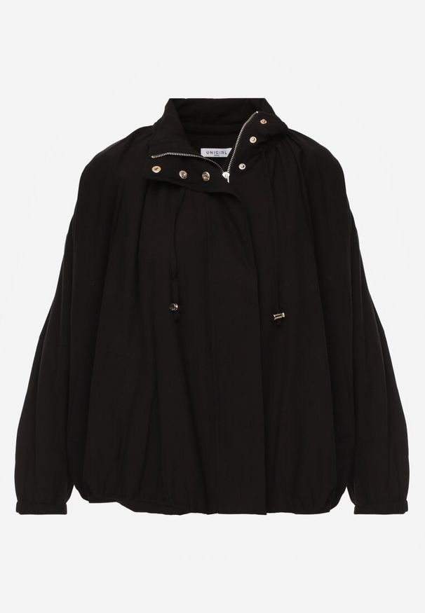 Renee - Czarna Oversizowa Kurtka Przejściowa o Kroju Bombki z Bawełny i Wiskozy Birana. Okazja: na co dzień. Typ kołnierza: kaptur. Kolor: czarny. Materiał: wiskoza, bawełna. Styl: casual