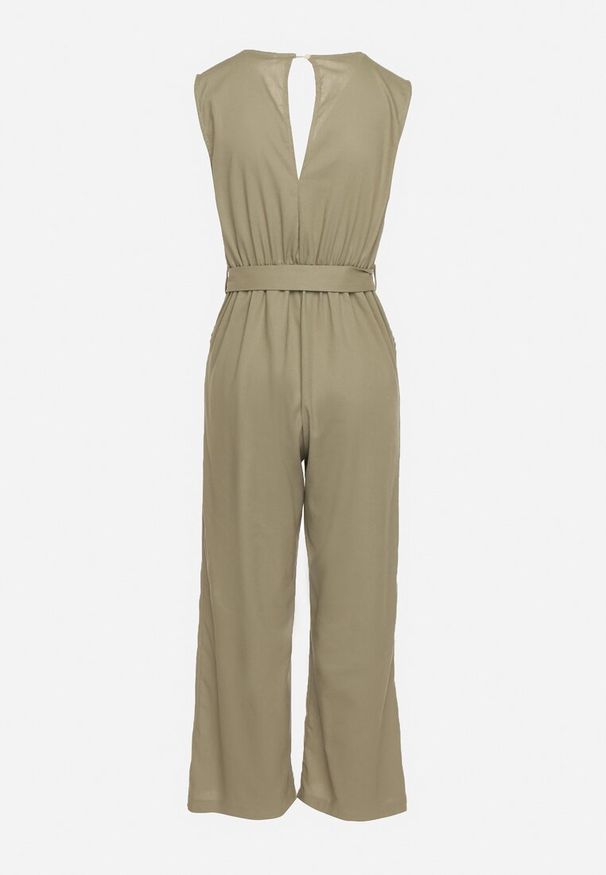 Born2be - Ciemnozielony Kopertowy Kombinezon z Bawełny z Gumką w Talii Szerokimi Nogawkami i Paskiem Hralfrea. Okazja: na co dzień. Kolor: zielony. Materiał: bawełna. Styl: casual, elegancki