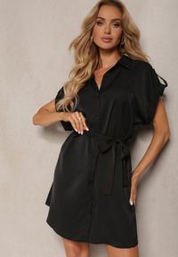 Renee - Czarna Rozkloszowana Sukienka Koszulowa z Materiałowym Paskiem w Talii Vikira. Okazja: na co dzień. Kolor: czarny. Materiał: materiał. Typ sukienki: koszulowe. Styl: casual #5