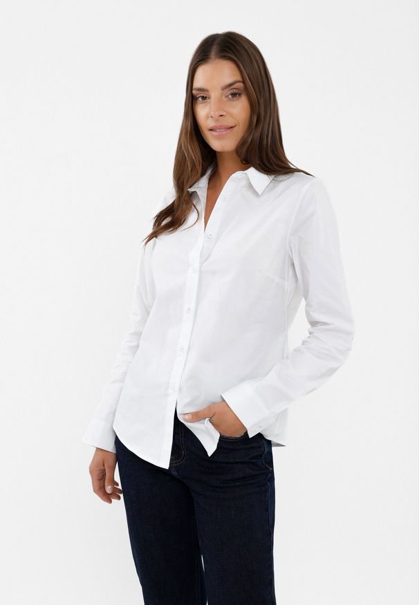 Volcano - Biała koszula K-LIMA. Okazja: do pracy. Kolor: biały. Materiał: elastan, bawełna, materiał, włókno, skóra. Wzór: gładki. Styl: klasyczny, elegancki