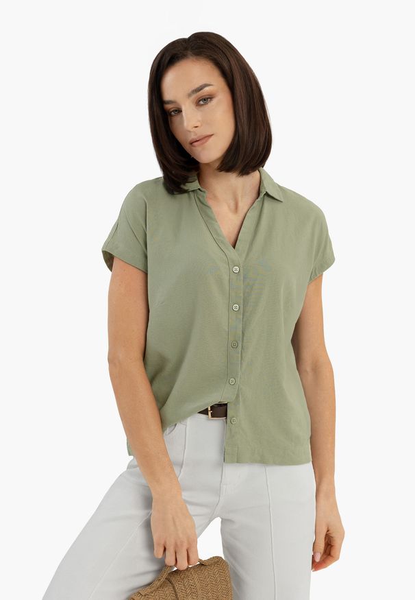 Volcano - Koszula z lnem C-GUARE. Okazja: na co dzień. Typ kołnierza: dekolt w serek. Materiał: len. Długość rękawa: krótki rękaw. Długość: krótkie. Sezon: lato. Styl: casual, klasyczny