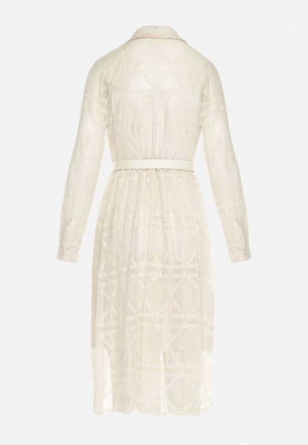 Born2be - Jasnobeżowa Rozkloszowana Sukienka Midi z Haftowanej Tkaniny Abdiela. Kolor: beżowy. Materiał: tkanina. Długość rękawa: na ramiączkach. Wzór: haft. Długość: midi