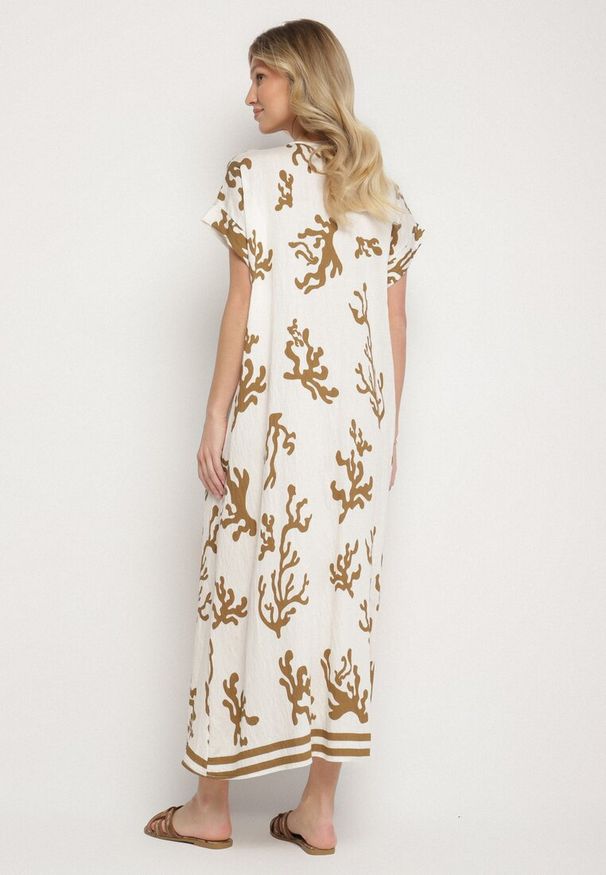 Born2be - Brązowo-Beżowa Sukienka z Lnem i Wiskozą o Pudełkowym Kroju Sadirene. Okazja: na spotkanie biznesowe, na co dzień. Kolor: brązowy. Materiał: wiskoza, len. Wzór: kwiaty. Sezon: wiosna, lato. Styl: elegancki, casual, biznesowy