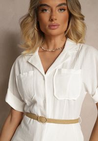 Renee - Biała Koszulowa Sukienka z Bawełny o Rozkloszowanym Kroju z Paskiem i Haftem Nalista. Okazja: na co dzień. Kolor: biały. Materiał: bawełna. Wzór: haft. Typ sukienki: koszulowe. Styl: klasyczny, elegancki, casual #5