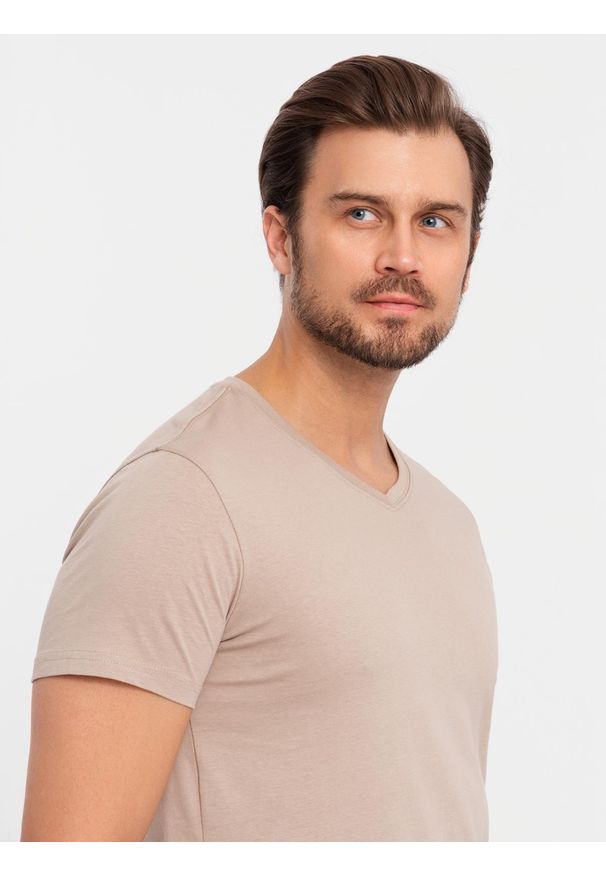 Ombre Clothing - Zestaw bawełnianych koszulek męskich V-neck BASIC – szarozielony/biały/beżowy V14 OM-TSBS-0233 - XXL. Typ kołnierza: dekolt w serek. Kolor: zielony. Materiał: bawełna