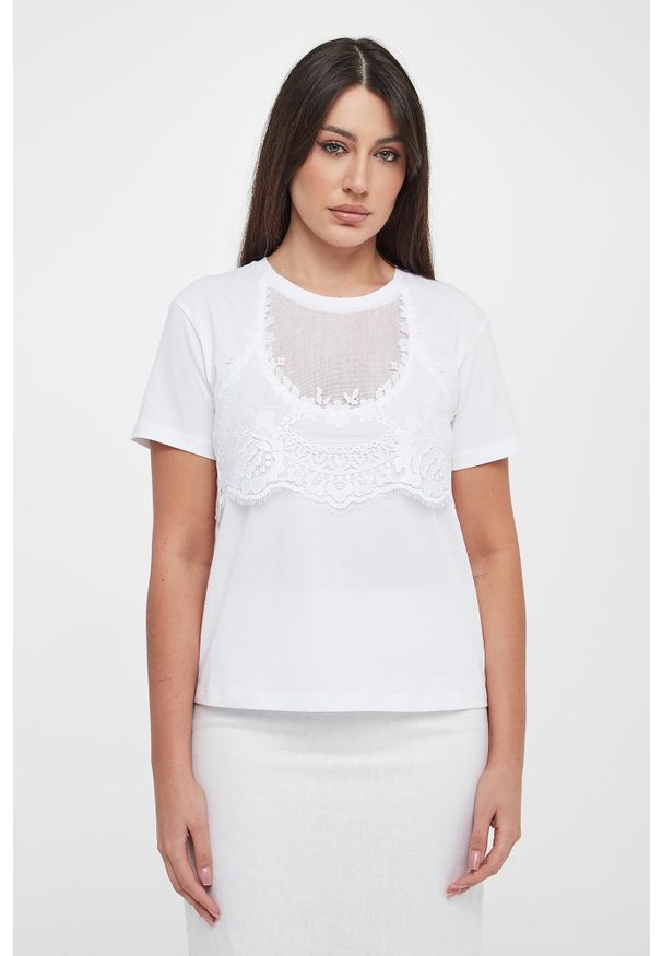 Twinset Milano - T-shirt damski z koronką TWINSET. Materiał: koronka. Wzór: koronka