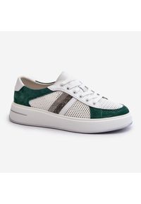 S.Barski Sneakersy Skórzane Damskie D&A LR110 Zielono-Białe zielone. Kolor: zielony. Materiał: skóra. Sezon: wiosna, lato. Obcas: na platformie #6