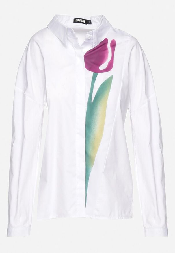 Born2be - Biała Koszula z Nadrukiem Tulipana z Bawełny Aelirava. Okazja: na co dzień. Kolor: biały. Materiał: bawełna. Wzór: nadruk. Styl: casual, boho, klasyczny