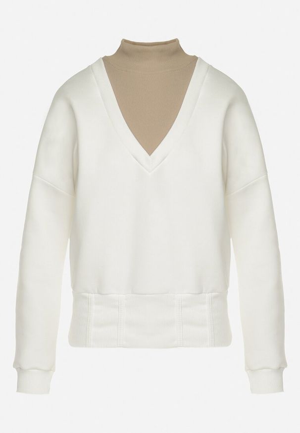 Born2be - Biała Bawełniana Bluza z Dekoltem w Serek Gitra. Typ kołnierza: dekolt w serek. Kolor: biały. Materiał: bawełna. Długość rękawa: długi rękaw. Długość: długie