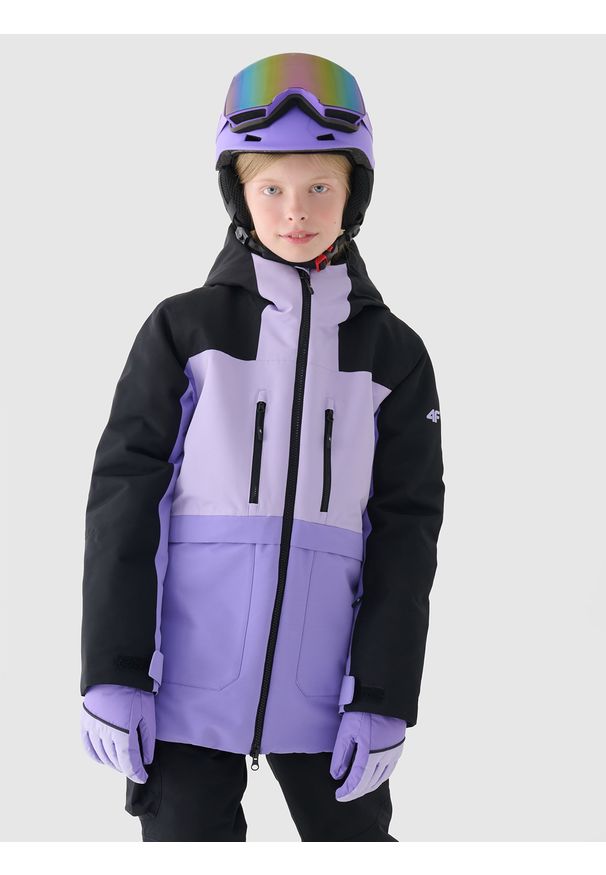 4f - 4F Kurtka snowboardowa membrana 10000 dziewczęca - fioletowa 164 (13-14 lat). Okazja: na co dzień. Typ kołnierza: kaptur. Kolor: fioletowy. Materiał: dzianina, poliester, materiał, tkanina. Sezon: lato, zima. Styl: klasyczny, sportowy, casual