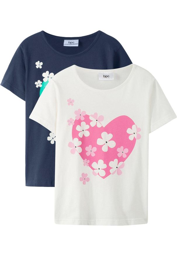 bonprix - T-shirt dziewczęcy (2 szt.), bawełna organiczna. Kolor: biały. Materiał: bawełna. Wzór: kwiaty, nadruk