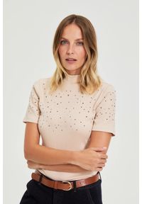 MOODO - Bluzka z dżetami beżowa. Kolor: beżowy. Materiał: elastan, bawełna #1