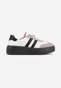 Born2be - Biało-Szare Skórzane Sneakersy na Grubej Podeszwie Ozdobione Paskami i Perforacją Wiefia. Okazja: na co dzień. Zapięcie: pasek. Kolor: biały. Materiał: skóra. Wzór: aplikacja #8