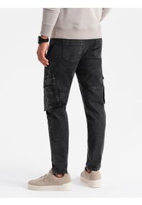 Ombre Clothing - Jeansowe spodnie cargo SLIM FIT z efektem wybielania – czarne V2 - Rozmiar: XL. Kolor: czarny. Materiał: jeans. Wzór: aplikacja. Sezon: lato. Styl: retro, klasyczny