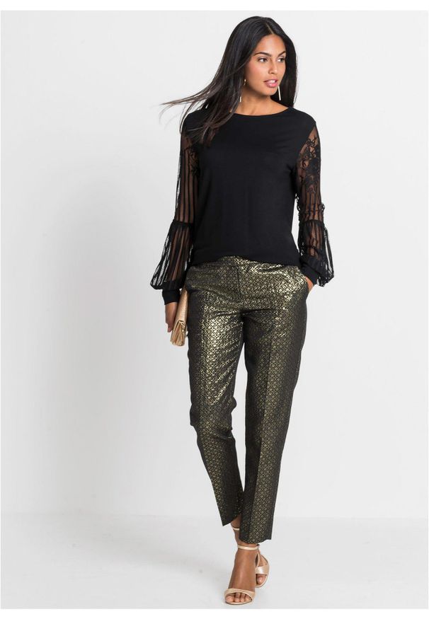 bonprix - Bluzka z długimi rękawami z mieszanki wiskozy. Kolor: czarny. Materiał: wiskoza, koronka. Długość rękawa: długi rękaw. Długość: długie. Wzór: koronka. Styl: elegancki