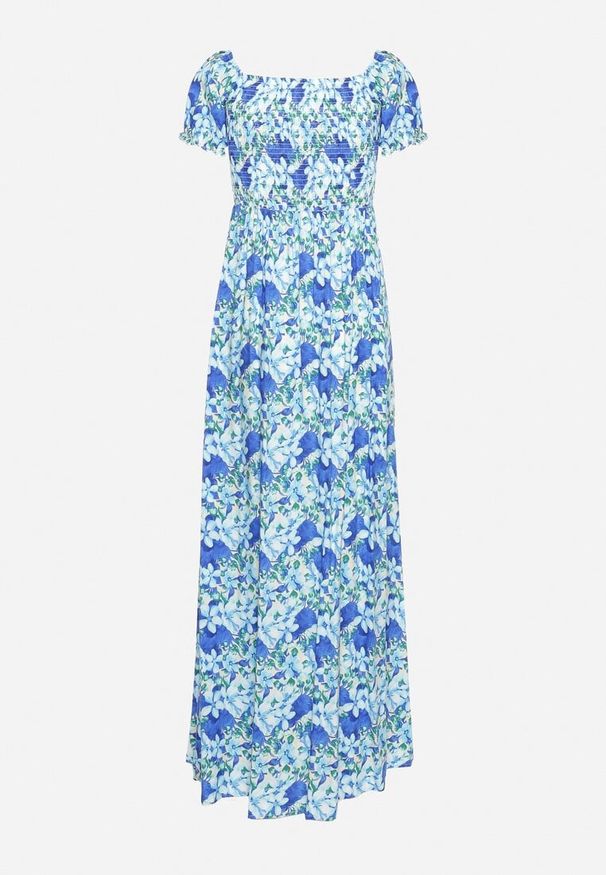 Born2be - Niebieska Rozkloszowana Sukienka Typu Hiszpanka z Marszczoną Górą Jesteria. Typ kołnierza: dekolt hiszpanka. Kolor: niebieski. Długość rękawa: krótki rękaw. Styl: elegancki, wakacyjny