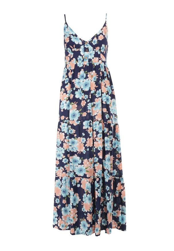 Born2be - Granatowa Sukienka Damaia. Typ kołnierza: kołnierz z falbankami. Kolor: niebieski. Materiał: wiskoza. Długość rękawa: na ramiączkach. Wzór: kwiaty. Długość: maxi