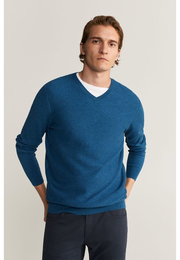 Mango Man - Sweter Tenv. Kolor: niebieski. Materiał: wełna, bawełna, materiał, dzianina, kaszmir, poliamid. Wzór: gładki