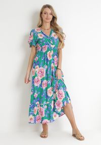 Born2be - Zielona Sukienka Maxi z Kopertowym Dekoltem i Gumkami w Pasie Kelsi. Typ kołnierza: dekolt kopertowy. Kolor: zielony. Długość rękawa: krótki rękaw. Sezon: wiosna, lato. Typ sukienki: kopertowe. Długość: maxi #6