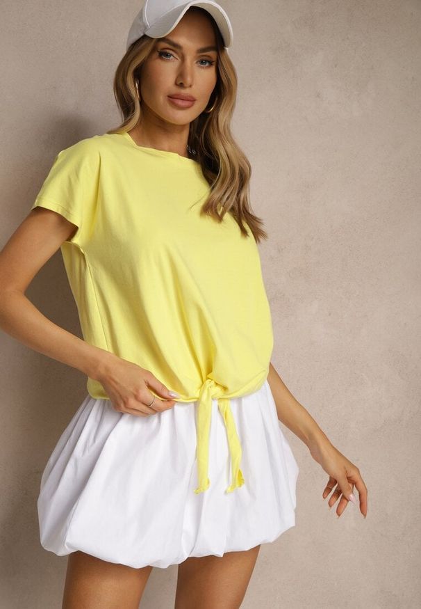 Renee - Żółty Bawełniany T-shirt Wiązany u Dołu Sunalina. Okazja: na co dzień. Kolor: żółty. Materiał: bawełna. Styl: casual
