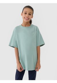 4f - 4F T-shirt oversize gładki dziewczęcy - turkusowy 134 (8-9 lat). Okazja: na co dzień. Kolor: turkusowy. Materiał: dzianina, bawełna, jersey. Wzór: gładki. Sezon: lato. Styl: klasyczny, sportowy, casual