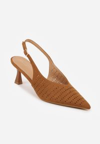 Renee - Brązowe Czółenka Slingback VICES na Kaczuszce z Ażurową Cholewką Klephei. Zapięcie: pasek. Kolor: brązowy. Materiał: jeans, skóra, koronka. Szerokość cholewki: normalna. Wzór: ażurowy. Obcas: na szpilce #4