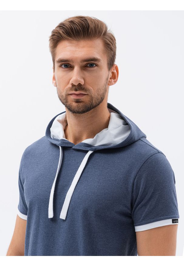 Ombre Clothing - T-shirt męski z kapturem bez nadruku S1376 - niebieski melanż - XXL. Okazja: na co dzień. Typ kołnierza: kaptur. Kolor: niebieski. Materiał: bawełna, jersey, dzianina. Wzór: melanż. Styl: klasyczny, casual