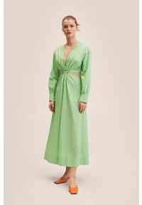 mango - Mango sukienka bawełniana Brown kolor zielony midi rozkloszowana. Kolor: zielony. Materiał: bawełna. Długość rękawa: długi rękaw. Typ sukienki: rozkloszowane. Długość: midi #8