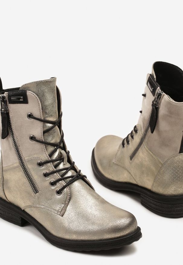 Renee - Szaro-Złote Botki w Stylu Vintage ze Sznurowaniem Vemlora. Okazja: na co dzień. Zapięcie: zamek. Kolor: szary. Materiał: jeans, skóra. Wzór: aplikacja. Styl: vintage