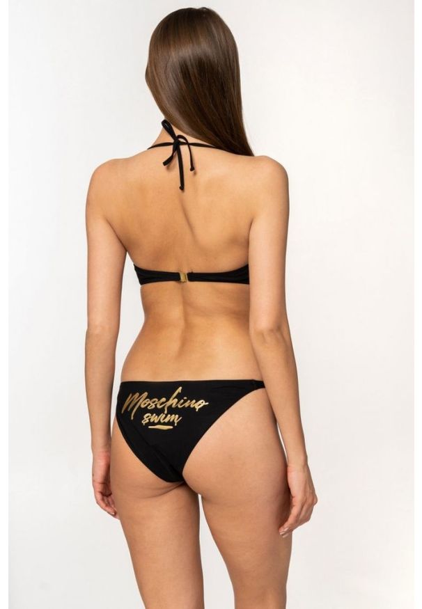 MOSCHINO Czarny dół od bikini z wiązaniami i złotym logo, Rozmiar XS. Kolor: czarny. Wzór: nadruk, aplikacja