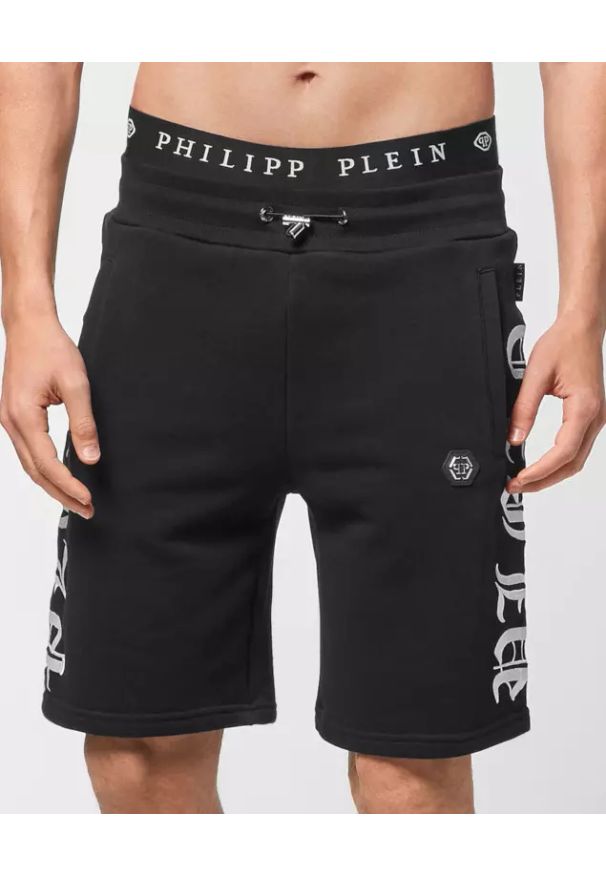 Philipp Plein - PHILIPP PLEIN - Czarne dresowe spodenki Basket Gothic. Kolor: czarny. Materiał: dresówka. Styl: elegancki