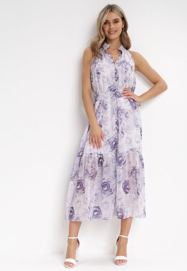 Born2be - Fioletowa Rozkloszowana Sukienka z Materiałowym Paskiem Evanagia. Kolor: fioletowy. Materiał: materiał