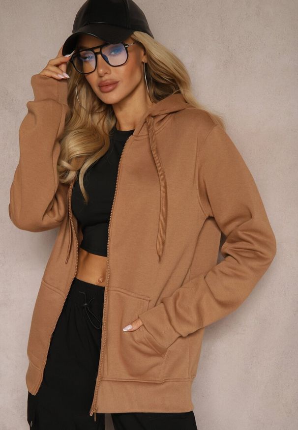 Renee - Jasnobrązowa Casualowa Rozpinana Bluza z Kapturem i Polarem Shuberta. Okazja: na co dzień. Typ kołnierza: kaptur. Kolor: brązowy. Materiał: polar. Styl: casual